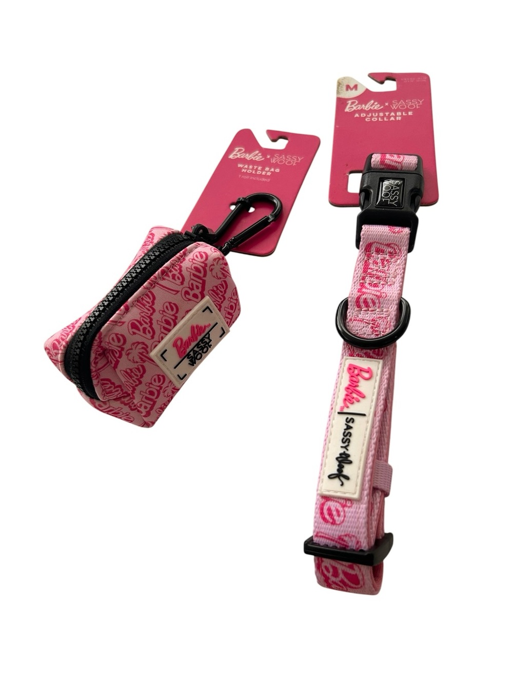 New Barbie X Sassy Woof Adjustable Collar Size Medium and Waste Bag Holder